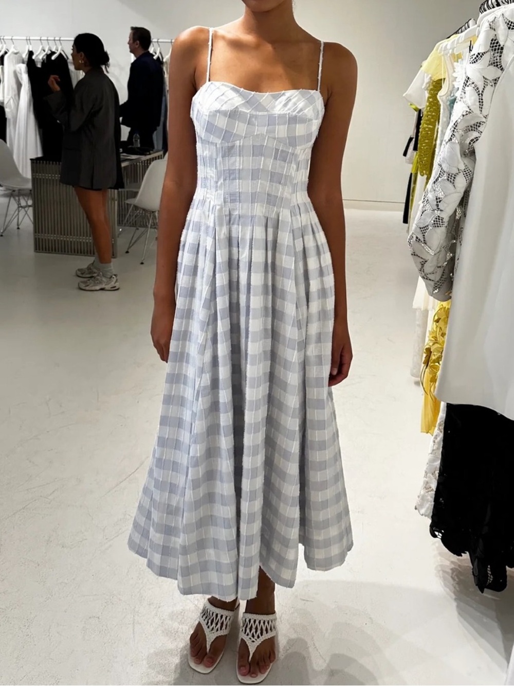 Caroline Constas 🔥 Blue White Shadow Check Cotton Pleated Maxi SunDress size XS - Picture 4 of 5